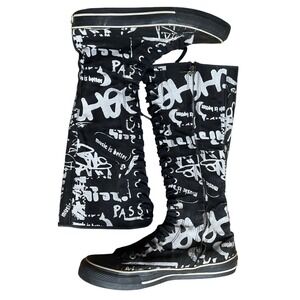 Vintage Underground England Graffiti Knee High Lace Up Zipper Boots Black Sz 9